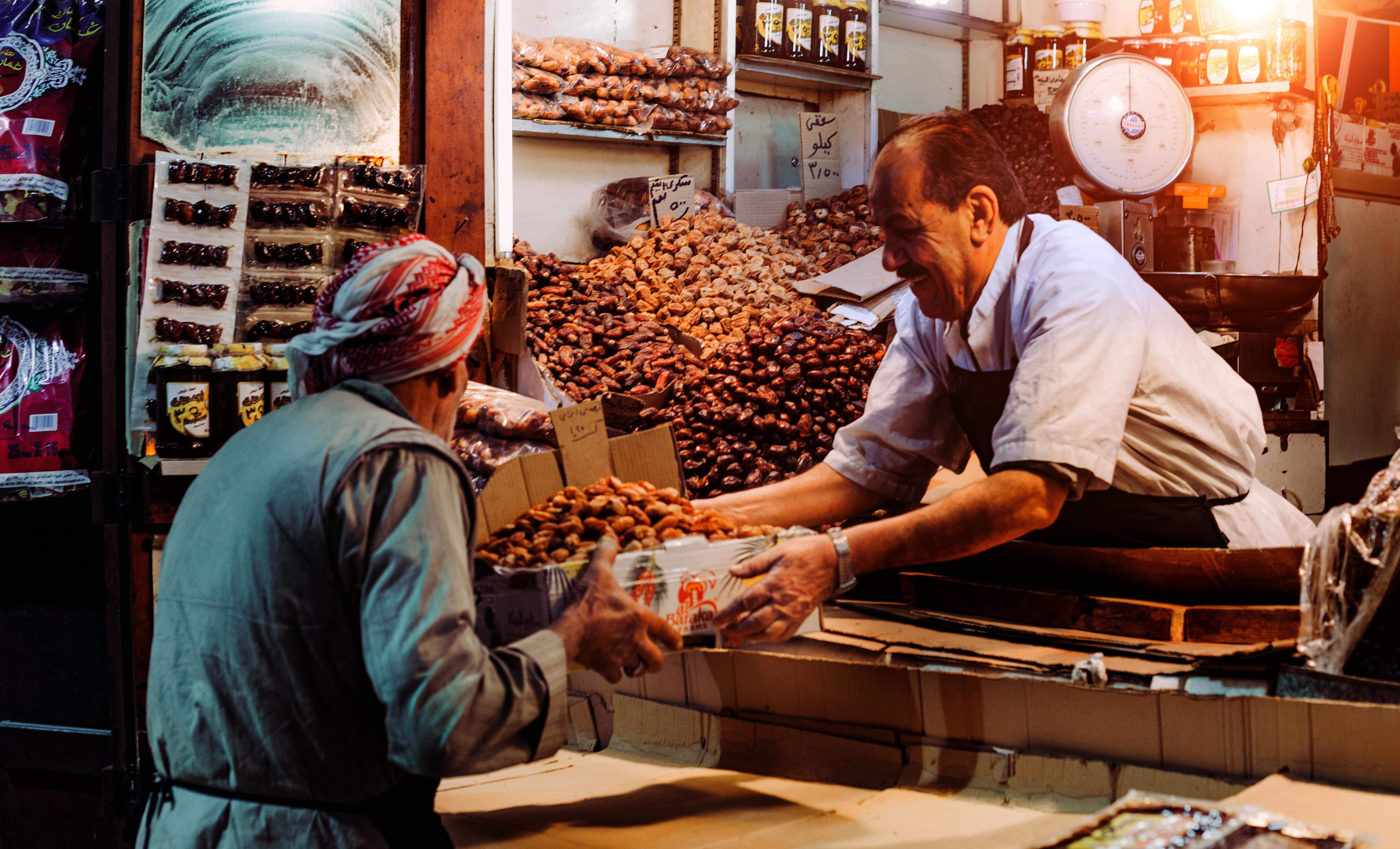 A happy customer doing business in a marketplace