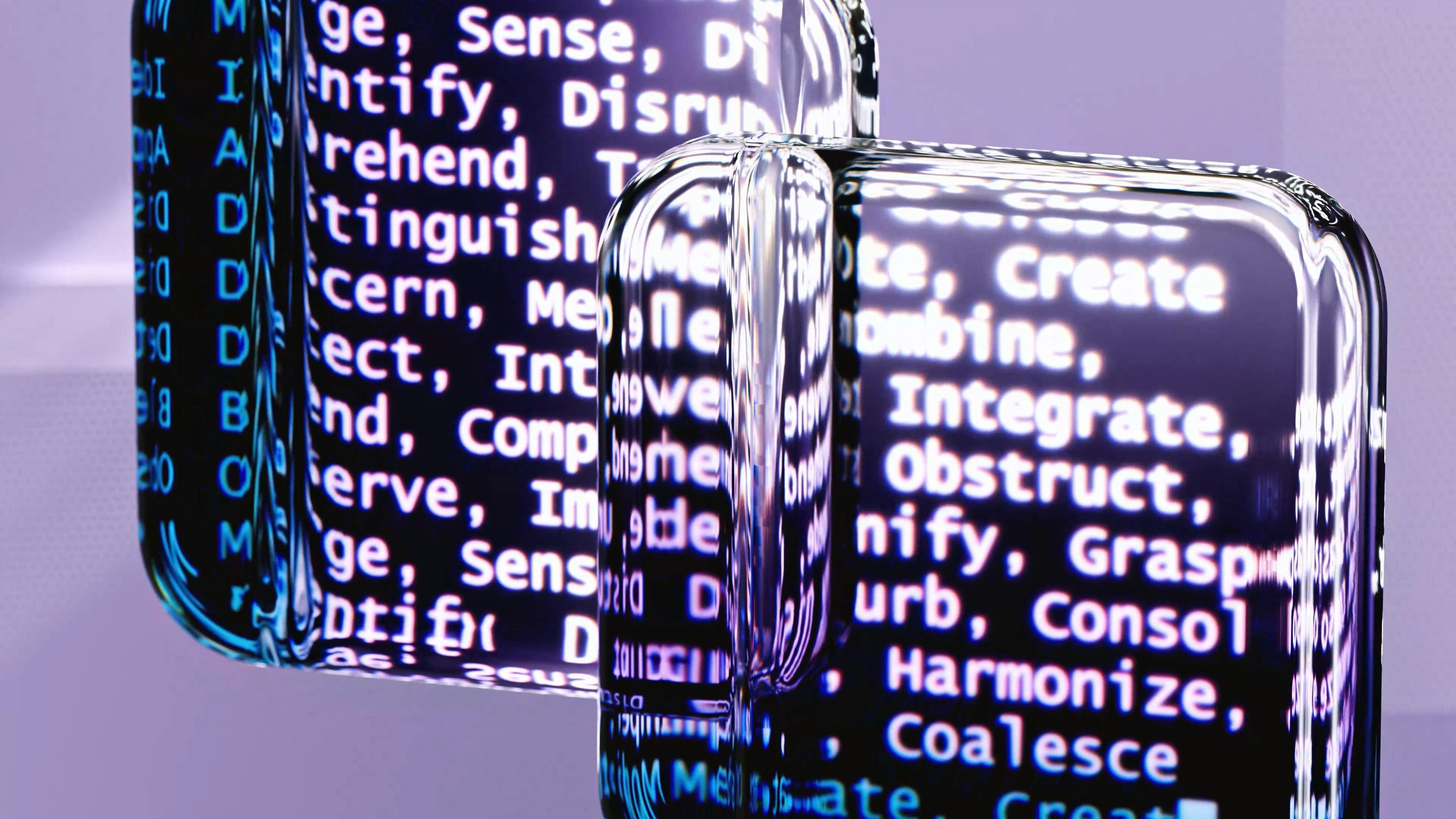 Stylized computer script projected on or through glass